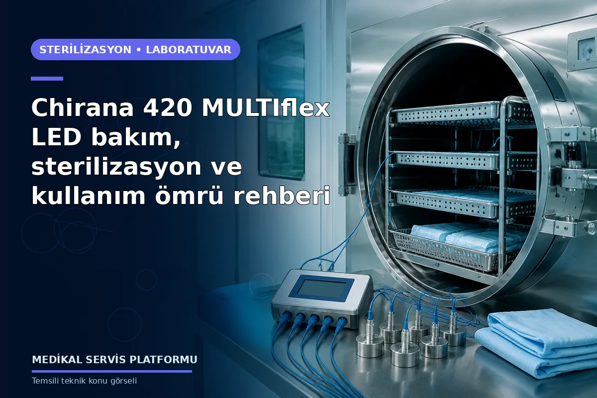 Chirana 420 MULTIflex LED bakım, sterilizasyon ve kullanım ömrü rehberi konusunu açıklayan temsili teknik görsel