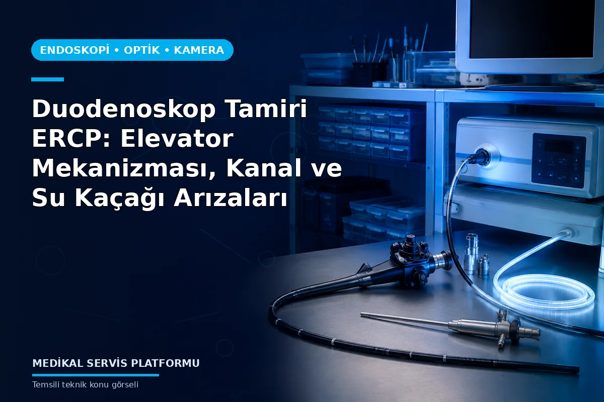 Duodenoskop Tamiri ERCP: Elevator Mekanizması, Kanal ve Su Kaçağı Arızaları konusunu açıklayan temsili teknik görsel