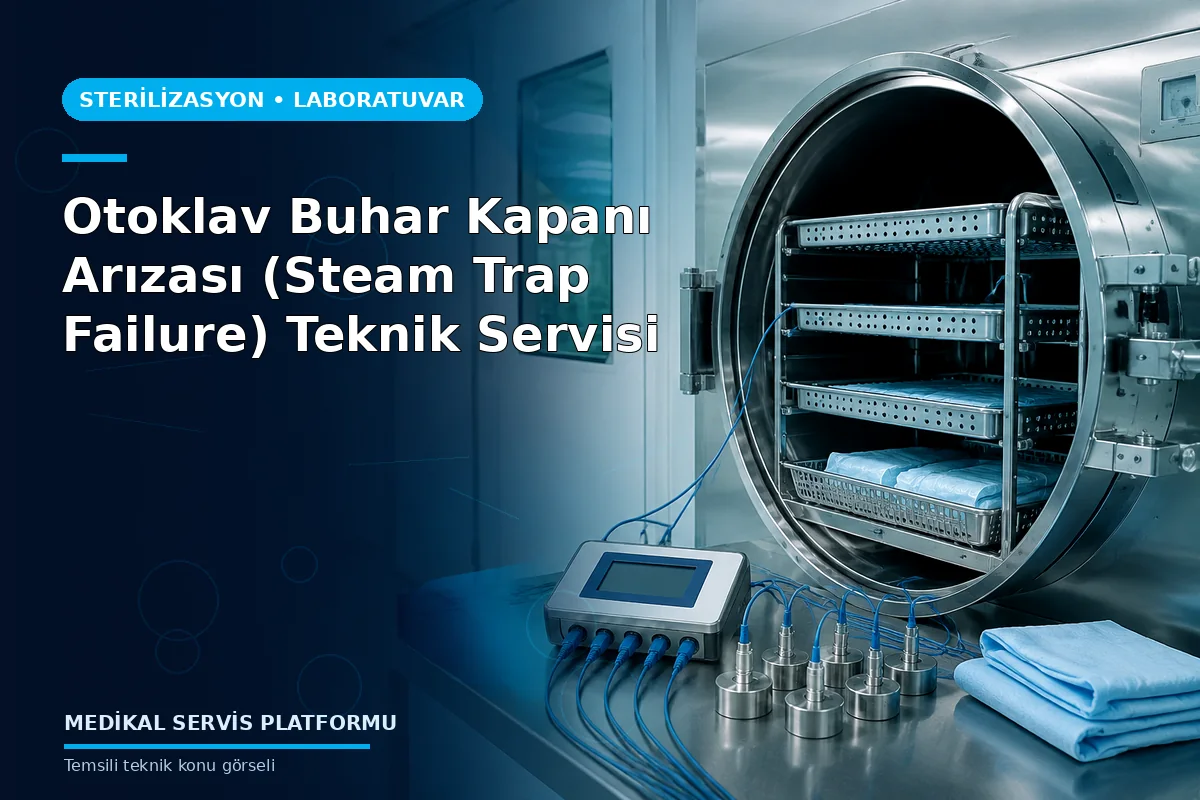 Otoklav Buhar Kapanı Arızası (Steam Trap Failure) Teknik Servisi konusunu açıklayan temsili teknik görsel