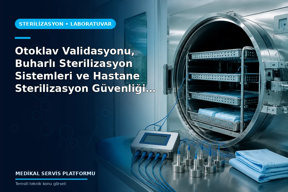 Otoklav Validasyonu, Buharlı Sterilizasyon Sistemleri ve Hastane Sterilizasyon Güvenliği Rehberi konusunu açıklayan temsili teknik görsel