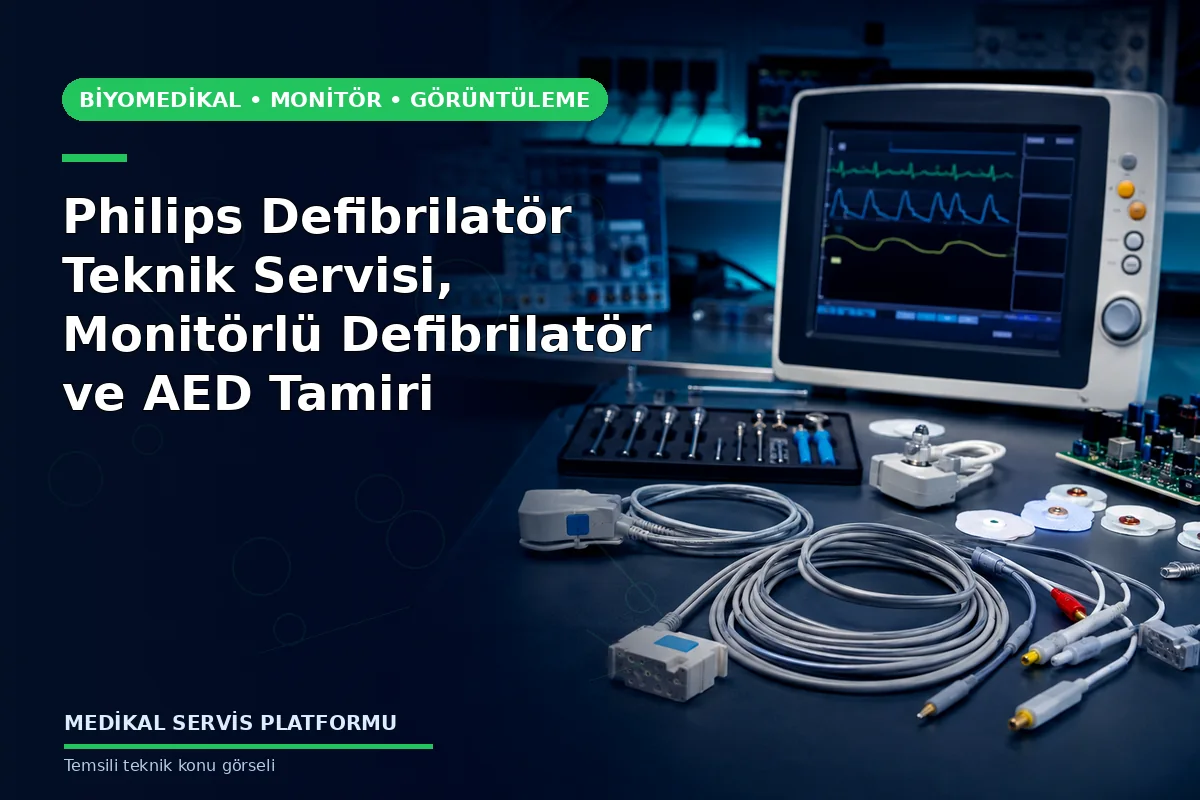 Philips Defibrilatör Teknik Servisi, Monitörlü Defibrilatör ve AED Tamiri konusunu açıklayan temsili teknik görsel