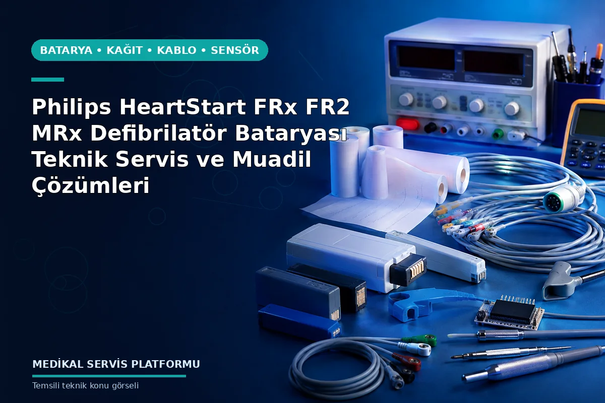 Philips HeartStart FRx FR2 MRx Defibrilatör Bataryası Teknik Servis ve Muadil Çözümleri konusunu açıklayan temsili teknik görsel