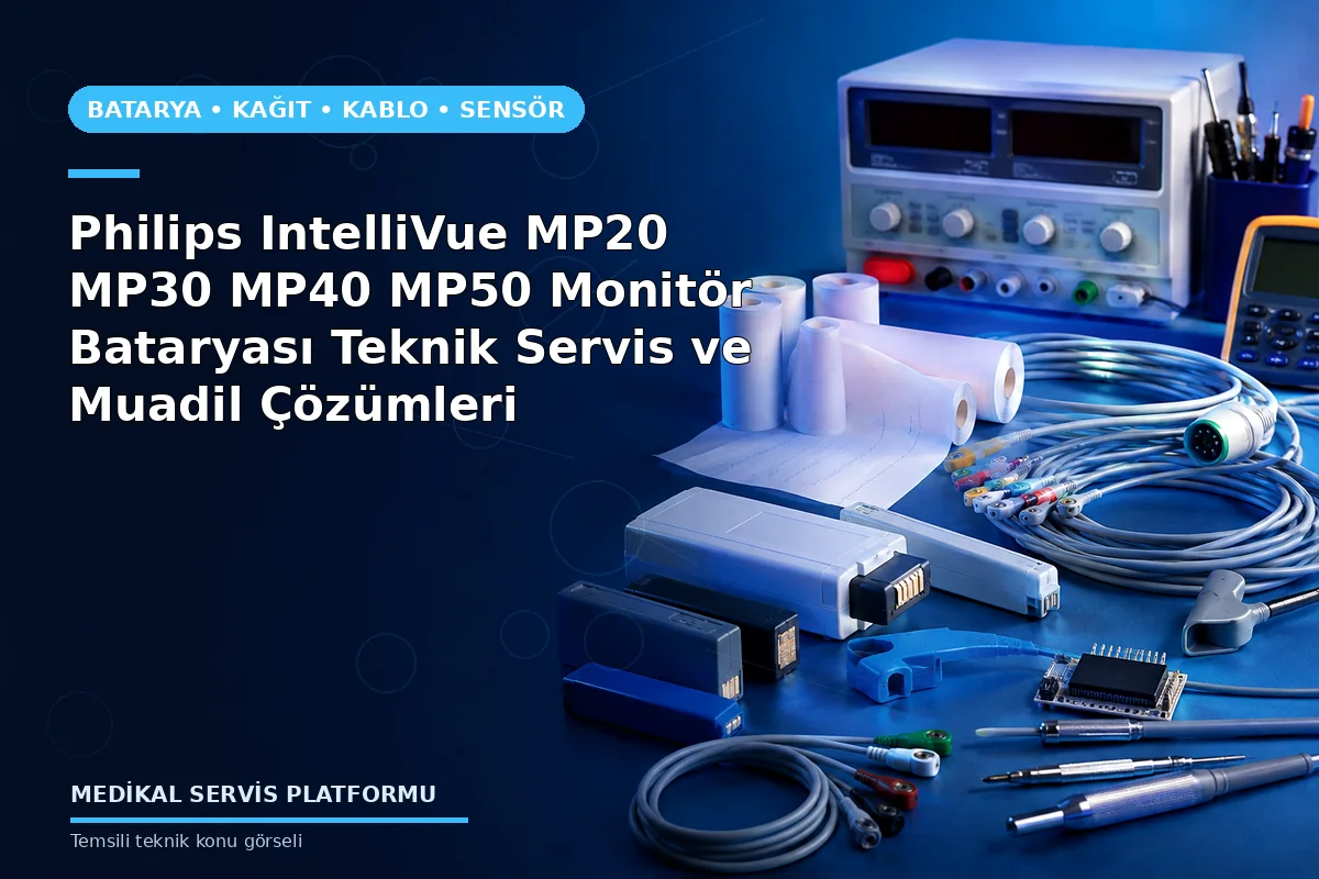 Philips IntelliVue MP20 MP30 MP40 MP50 Monitör Bataryası Teknik Servis ve Muadil Çözümleri konusunu açıklayan temsili teknik görsel