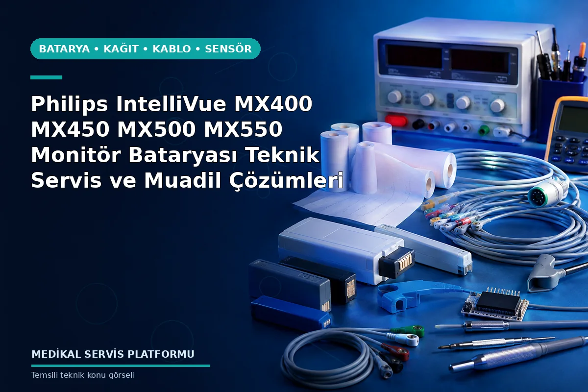 Philips IntelliVue MX400 MX450 MX500 MX550 Monitör Bataryası Teknik Servis ve Muadil Çözümleri konusunu açıklayan temsili teknik görsel