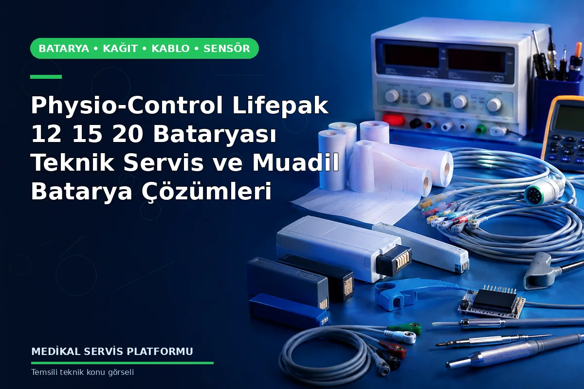 Physio-Control Lifepak 12 15 20 Bataryası Teknik Servis ve Muadil Batarya Çözümleri konusunu açıklayan temsili teknik görsel