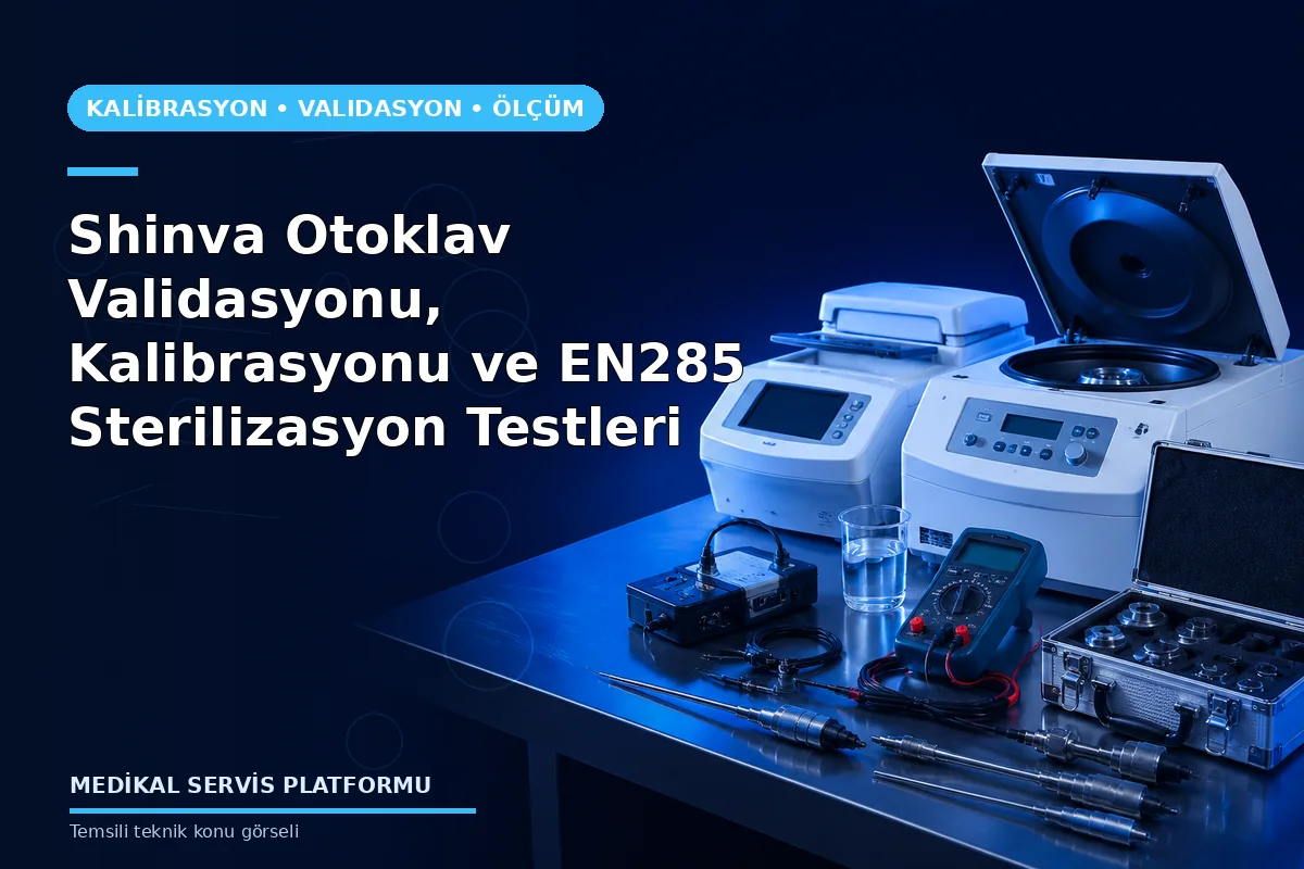 Shinva Otoklav Validasyonu, Kalibrasyonu ve EN285 Sterilizasyon Testleri konusunu açıklayan temsili teknik görsel
