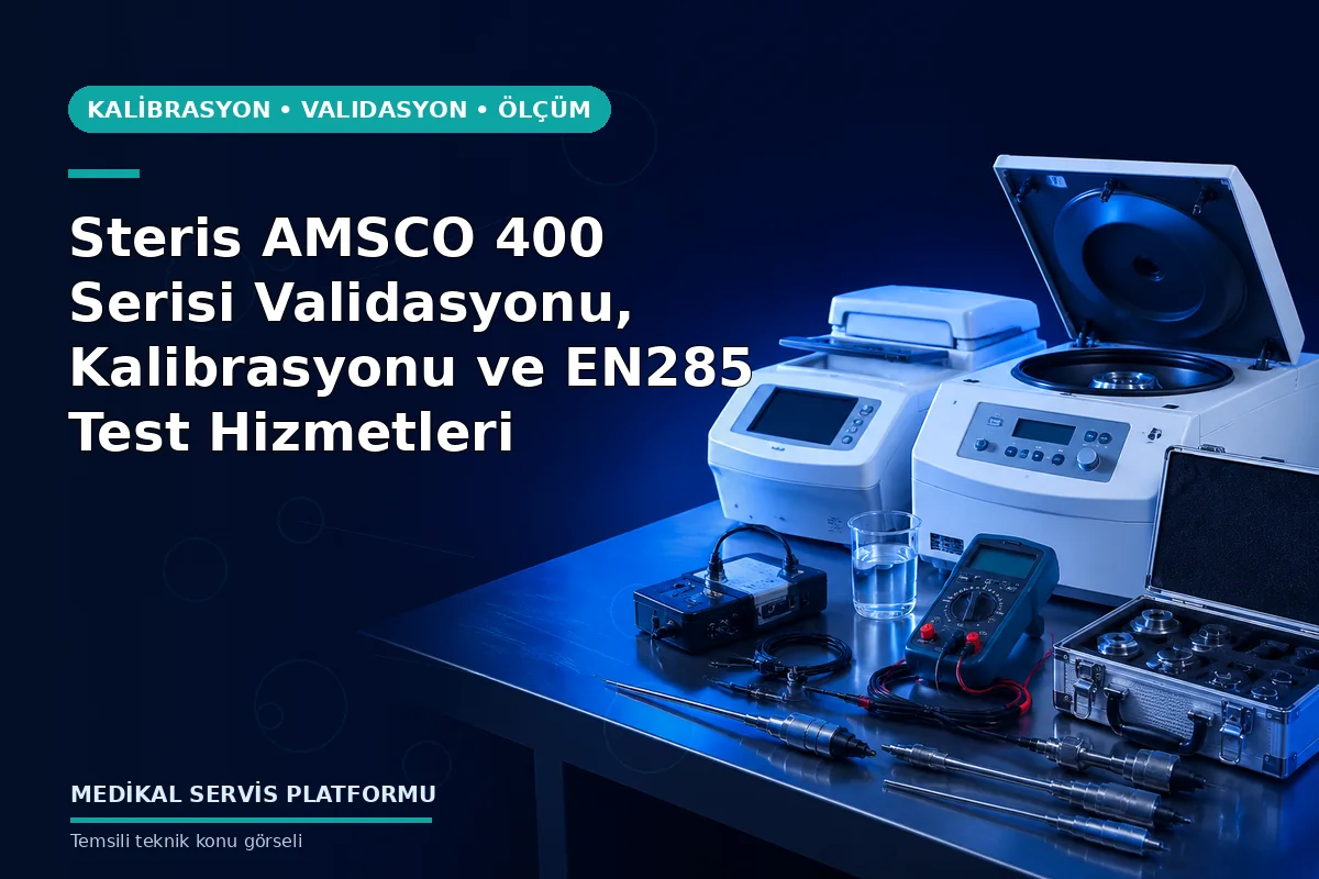 Steris AMSCO 400 Serisi Validasyonu, Kalibrasyonu ve EN285 Test Hizmetleri konusunu açıklayan temsili teknik görsel