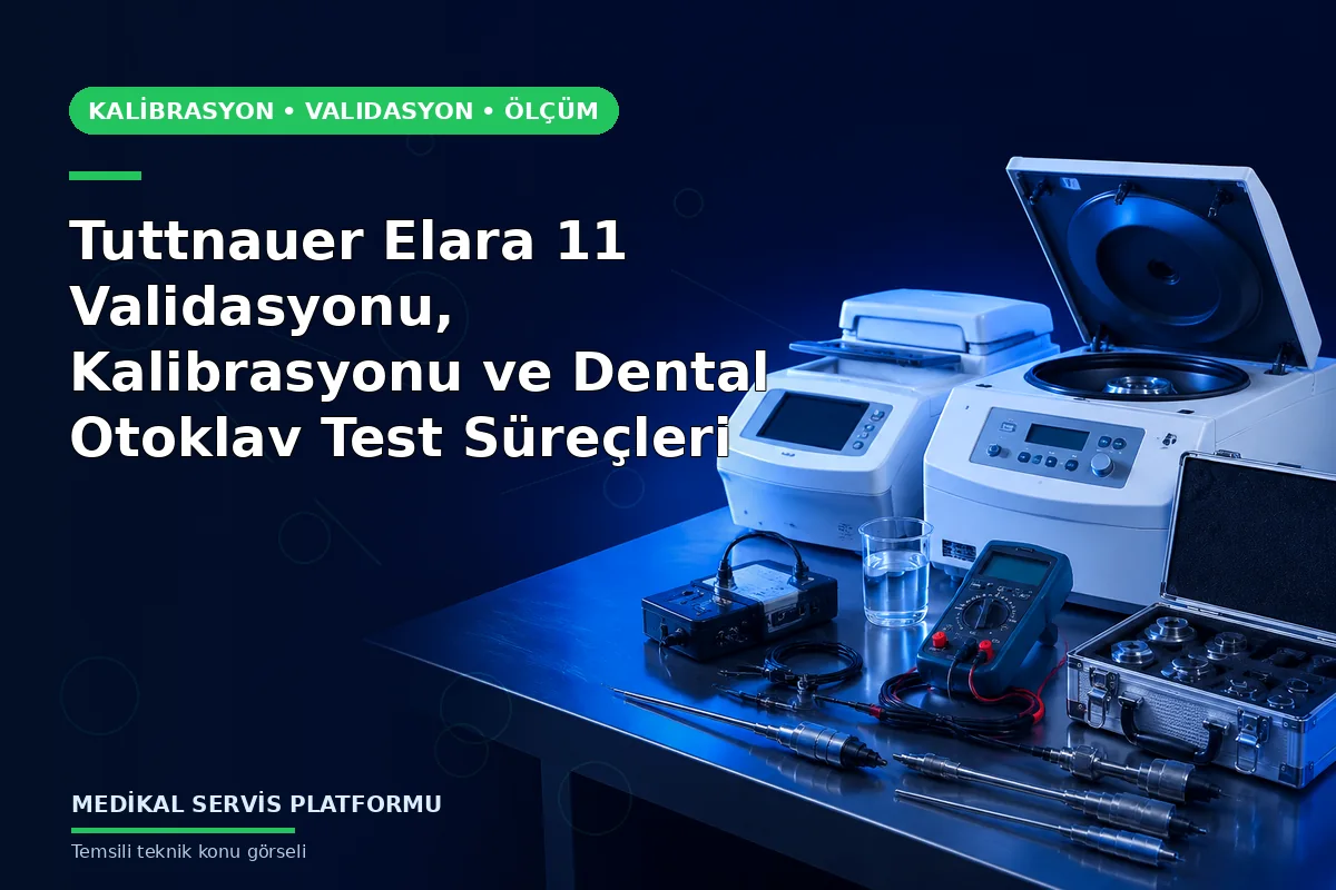 Tuttnauer Elara 11 Validasyonu, Kalibrasyonu ve Dental Otoklav Test Süreçleri konusunu açıklayan temsili teknik görsel